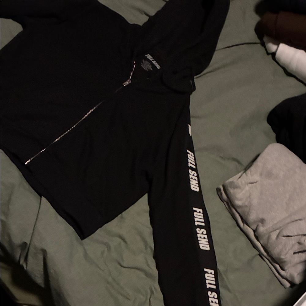 Black Crop Top Hoodie with Full Send Sleeve Print
